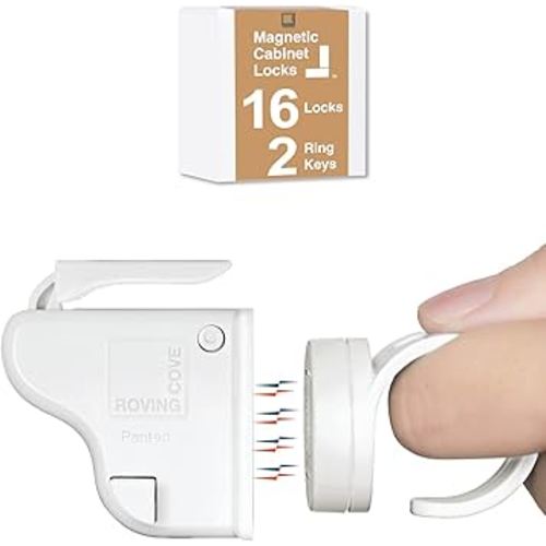 RovingCove Ergonomic Magnetic Cabinet Baby Locks 16-pk, Child Proof Drawer Cupboard Latches, Adhesive, Easy Install with Starter Tape System, 16 Locks 2 Ring Keys