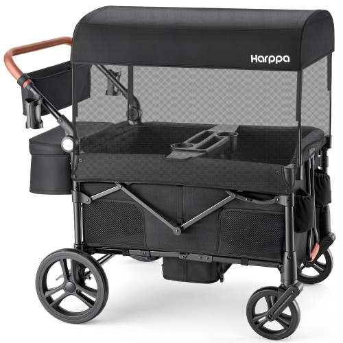 HARPPA, Foldable Wagon Stroller for 4 Kids with 5-Point Harness Canopy