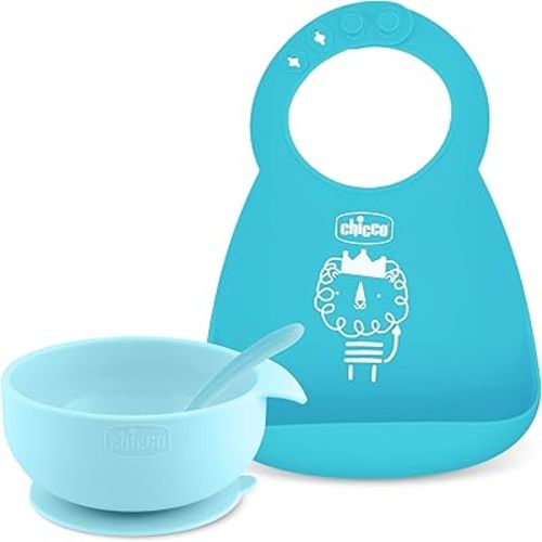 Chicco Easy Start Silicone Feeding Set | Dishes for Baby-Led Weaning | Suction Bowl | Adjustable Bib | Soft Spoon | BPA-Free | 3 Piece Set | 6m+ | Teal