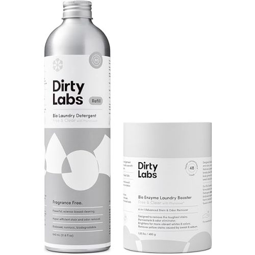 Dirty Labs | Unscented Sustainable Set | Free & Clear 80 Loads & Bio-Enzyme Booster | Hyper-Concentrated | High Efficiency & Standard Machine Washing | Nontoxic, Biodegradable