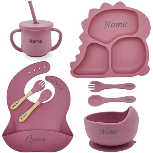 Personalized Baby Name Dinosaur Feeding Set 8Pcs, Custom Name Baby Silicone Weaning Set, Feeding Set With Name BPA Free