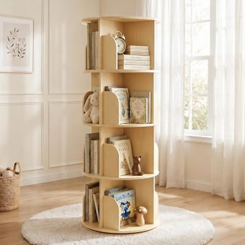 4-Tier Rotating Bookshelf, Wooden Spinning Bookcase with 360° Revolving Storage, Round Book Shelf Organizer for Kids’ Books, Toys, Bedroom, Playroom, Living Room and Reading Corner