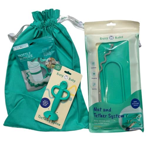 Busy Baby Gift Set - Silicone Placemat with Suction Cups, Bottle Bungee, Teething Spoon and 4 Universal Straps, Keeps Baby Essentials Like Bottles Within Reach & Off The Floor (Spearmint)