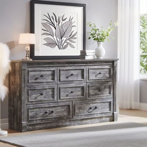 Sincido 8 Drawers Dresser for Bedroom, Farmhouse 61" Wide Tall Dressers w/Roman Column, Light Gray