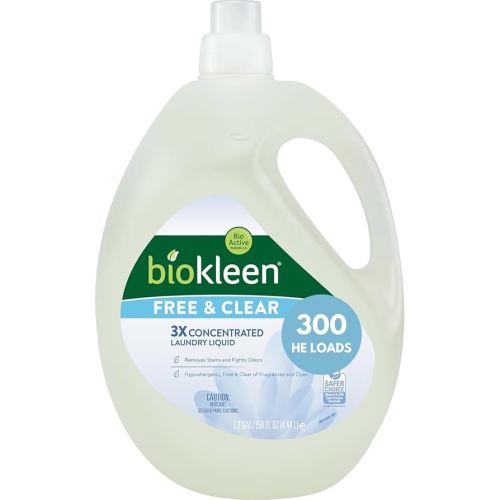 Biokleen Free & Clear Natural 3X Concentrated Liquid Laundry Detergent, 300 Loads, Plant-Based, Hypoallergenic, Removes Stains & Fights Odors, Dye Free, Unscented