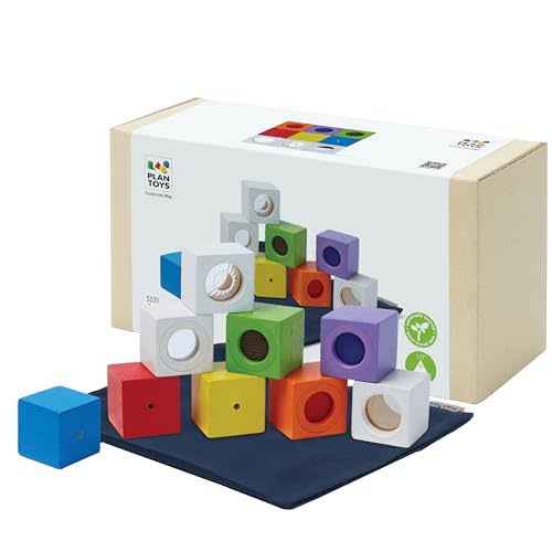 PlanToys® Sensory Activity Blocks for Toddlers 9-Piece Set Ages 12 Months+ | storage bag, visual, tactile, sensory blocks, girls, boys, auditory fine motor cognitive learning gift preschool new set