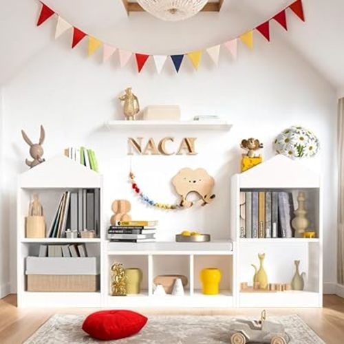 MHOM 68.9“ Kids Bookshelf with Reading Nook, Toy Storage Organizer with Seat Cushion and 7 Storage Cubbies, Wooden Kids Bookcase, Toy Organizers and Storage for Nursery, Playroom, White