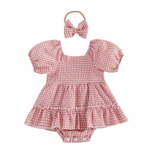 BLVB Newborn Infant Baby Girl Clothes Puff Short Sleeve Plaid Romper Dress Ruffle Cute Bodysuits with Bow Headband(Pink,3-6 Months)