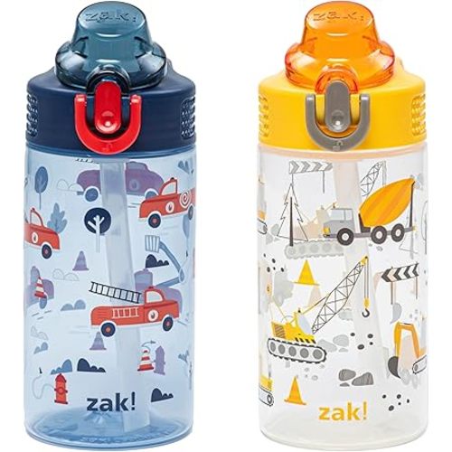 Zak Designs Sage Kids Water Bottle For School or Travel, 16oz Durable Plastic Water Bottle With Straw, Handle, and Leak-Proof, Pop-Up Spout Cover, 2-Pack Set (Construction and Rescue)
