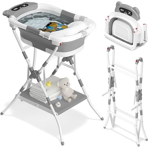 AVIDOR 2-in-1 Baby Bathtub with Stand for Newborn and Infants, Foldable Baby Bath Tub, Baby Shower Gifts for New Parents, Gray