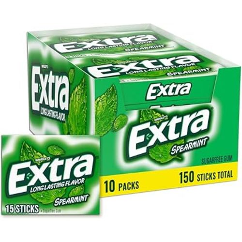Extra Gum Spearmint Sugarfree Gum Bulk, Individually Wrapped, Perfect for Fresh Breath at School, Work, and Travel 15 Count, Pack of 10
