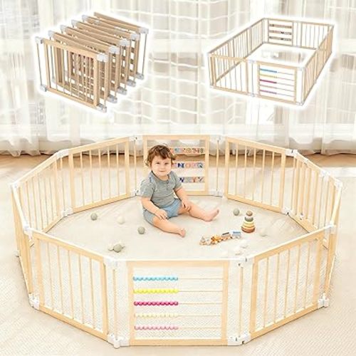 COCO DESIGN Baby Wooden Playpen, 10 Panel Foldable Play Yard with Door Panel and Built-in Toys, Adjustable Size & Shape Portable Play Yard for Babies and Toddlers (10 Panels)