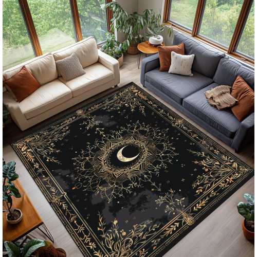 Mystical Moon Rug, Gold Crescent Floral Carpet, Dark Academia Decor Rug, Celestial Black Area Rug, Washable Non Slip Rug