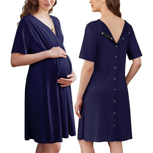 Ekouaer Labor and Delivery Gown for Hospital Short Sleeve Maternity Nursing Dress Nightgown with Button S-XXL
