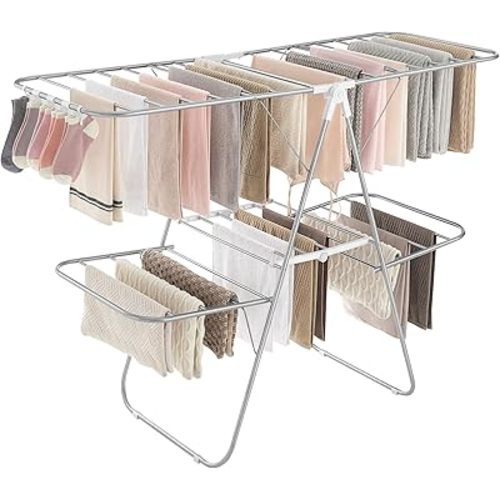 SONGMICS Clothes Drying Rack, Foldable 2-Level Laundry Drying Rack, Free-Standing Laundry Airer, with Height-Adjustable Wings, 33 Drying Rails, Sock Clips, Silver and White ULLR053W01V1