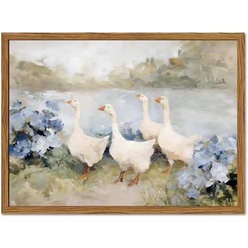Framed Vintage Geese Wall Art, Cottagecore Blue Hydrangea Floral Landscape Pictures Wall Decor, Rustic Farmhouse Animal Paintings Canvas Prints Country Home Decor for Living Room Bathroom 12x16 inch