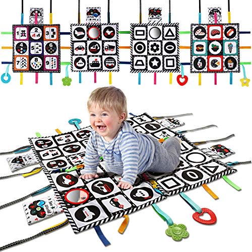 teytoy Tummy Time Floor Mirror, Double High Contrast Play and Pat Activity Mat Black and White Baby Crinkle Toys with Teether, Great Gift for Infants Boys and Girls -Pack of 4