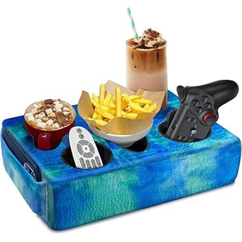 NISDOING Couch Cup Holder Pillow, 5 Hole Couch Drink Holder! Keep Drinks Hand Side and Keep Temp, Prevent Spills and Use Anywhere. Cup Holder for Couch, Bed, Camping, RV, Car, Beach. Blue