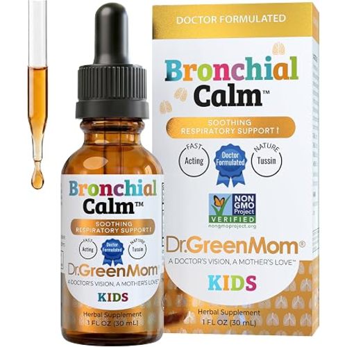 Dr. Green Mom Kids Cold, Flu & Allergy Support — Bronchial Calm — Herbal Immune Liquid Drops for Babies, Toddlers & Children — Natural Cough Care — Drug-Free, Sugar-Free, Non-GMO, 1 fl oz