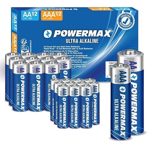 Powermax Alkaline Batteries 24-Count Combo Pack, (12 Double AA, 12 Triple AAA), Ultra Long Lasting Battery for Home and Office, 10-Year Shelf Life, Reclosable Packaging