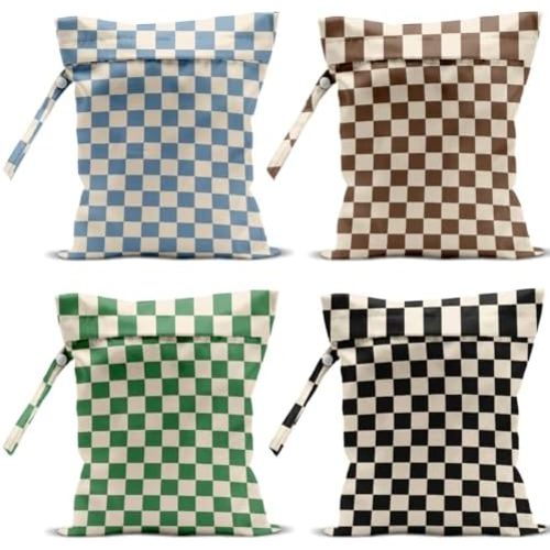 4 Pack Cute Wet Bag Waterproof Washable Reusable Wet Dry Bag for Swimsuit Dirty Clothes Diaper Travel Pool Sport Gym Christmas Birthday Party Camping Toiletries Beach Essentials, Colorful Checkered
