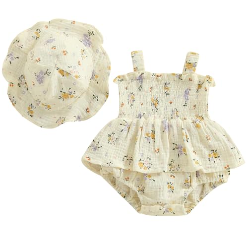Mubineo Baby Girl Clothes Summer Dress Cotton Linen Romper Sleeveless Smocked Rompers Sun Dress Hat Skirt Boho Outfits