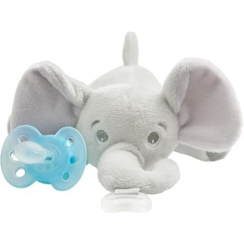 Philips AVENT Ultra Soft Snuggle Pacifier Holder with Detachable Pacifier, 0-6m, Elephant, SCF348/03