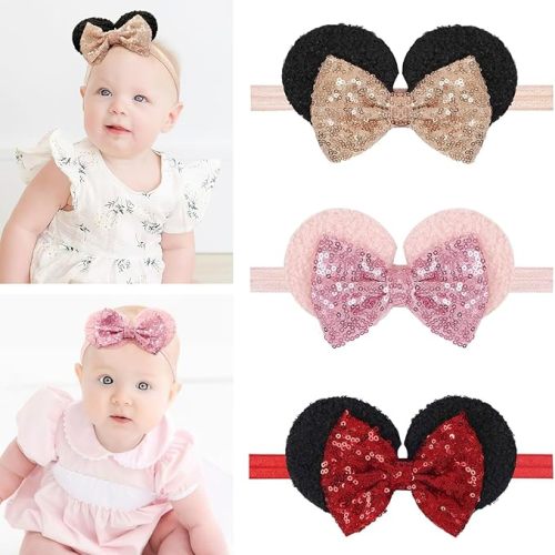 3PCS Baby Girl Mouse Ears Headbands with Sequin Bow, 4.5inches Wide Nylon Turban Hairband, Theme Park Headwear, Hair Bow Headband for Toddler, Kids, Party Supplies
