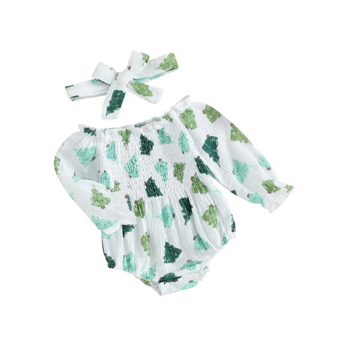 FEORJGP Infant Girl 2Pcs Christmas Outfits Newborn Baby Off Shoulder Jumpsuit Long Sleeve Smocked Bodysuit Loose Casual Bodysuit with Headband Set Kids Fall Clothes