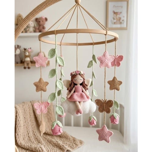 Crochet Fairy Baby Mobile, Pink Fairy Nursery Decor, Flower Fairy Crib Mobile, Butterfly Nursery Mobile, Baby Girl Nursery Gift