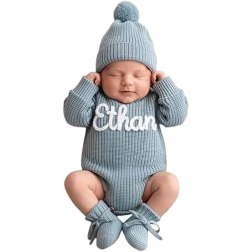 Personalized Embroidered Baby Romper Set, Custom Crochet Name Knit Sweater Cotton Newborn Coming Home Outfit