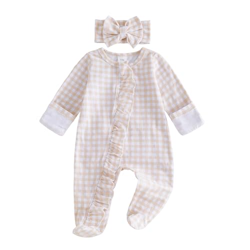 Newborn Infant Baby Girl Fall Outfit Romper 3 6 Month Girls Footie Headband | Sweet textured baby floral romper footie with lace frills, matching with cute headband, soft comfy fabric for infant girls