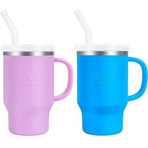 Bella's Friends Handy Mini Tumbler – Adorable 9 oz Toddler Sippy Cup, Stainless Interior & Silicone Body, Leak‑Proof, Dishwasher Safe, Gift for 1-3 Years Old Girls & Boys, 2 Pack, Lilac&Azure Blue