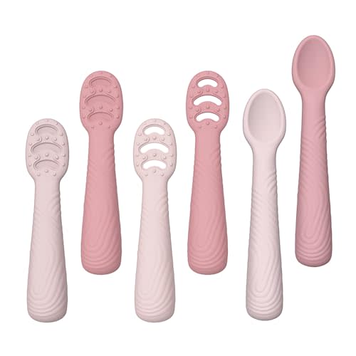 Baby Spoons Self-Feeding 6+ Months, 6pk Silicone Training Spoon Set | Easy Grip 3-Stage First Utensils for Baby Led Weaning, Little Food Spoons for Infant Eaters, Dishwasher Safe