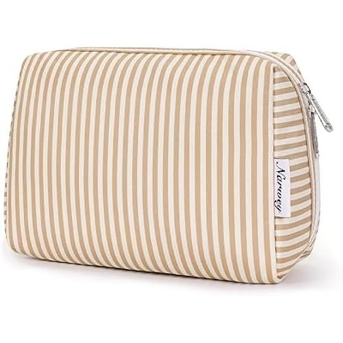 Narwey Striped Makeup Bag Travel Cosmetic Bag Organizer Toiletry Bag Make Up Bags with Compartments for Women Girls (Large,Brown Stripe)