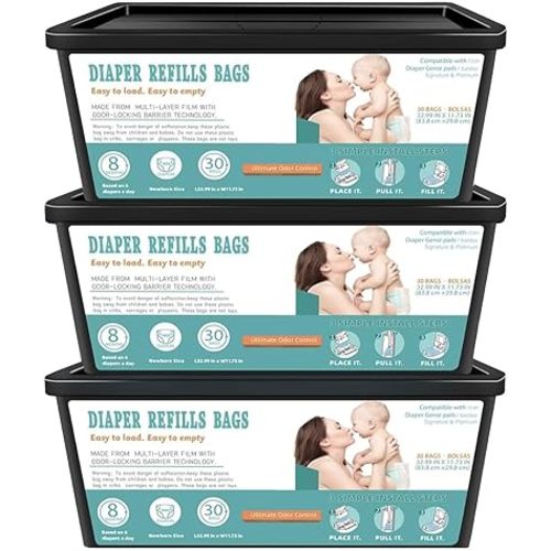 Diaper Pail Easy Roll Refill Bags, Compatible with Easy Roll Signature Diaper Pail and Platinum D iaper P ail, Lasts Up to 8 Months,7-Layer Odor-Barrier Technology, 30 bags per pack (Pack of 3)