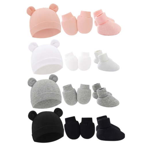 4Pack Newborn Baby Boy Girl Bear Ear Hat and Mitten Footcuff Sets Infant Cotton Beanie Gloves Newborn Hospital Hat 0-6M