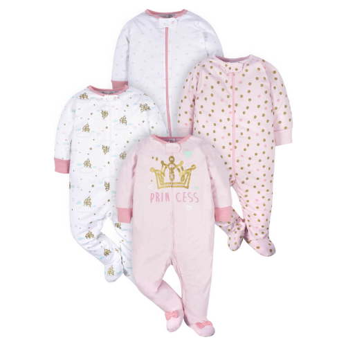 Gerber Baby Girl Sleep 'n Play Footed Pajamas, 4-Pack