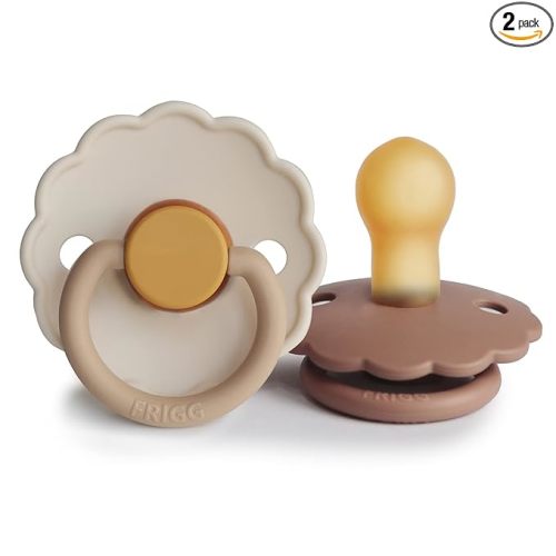 FRIGG Daisy Natural Rubber Baby Pacifier | Made in Denmark | BPA-Free (Chamomile/Peach Bronze, 0-6 Months) 2-Pack