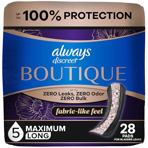 Always Discreet Boutique Adult Incontinence Bladder Leak Pads for Women, Maximum Absorbency, Long Length, Up to 100% Bladder Leak Protection, 28 Count