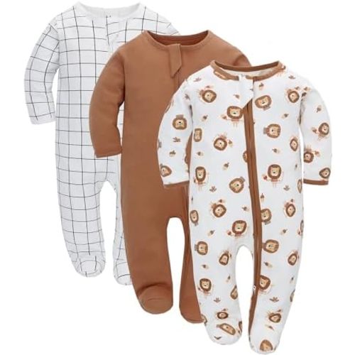 LAT 3 Pcs Baby Sleep and Play Pajamas,100% Organic Cotton Infant Girls Boys One-Piece Footies Romper Newborn,Zipper