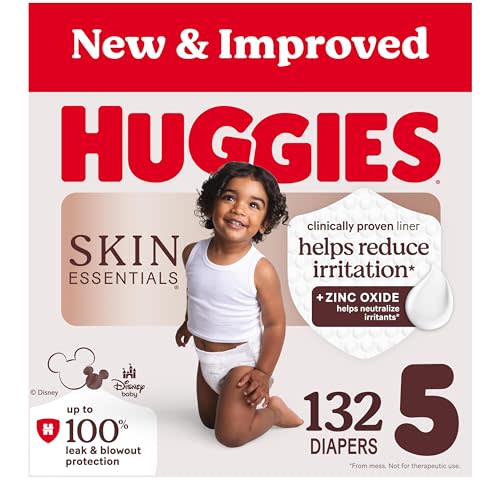 Huggies Size 5 Diapers, Skin Essentials Baby Diapers, Size 5 (27+ lbs), 132 Count (2 Packs of 66), Packaging May Vary