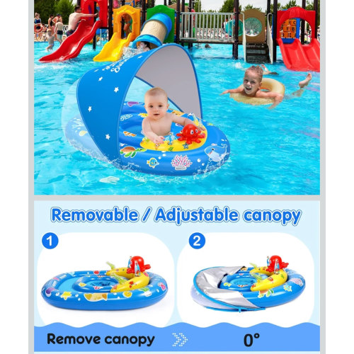 Baby Pool Float with Canopy UPF50+ Sun Protection, Inflatable Kids Pool Floats with Ocean Animal Toys for Baby 6-36 Months, Infant Swimming Float with Adjustable Safety Seat for Boys Girls