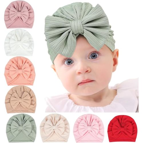 QandSweet 0-24 Months Newborn Girls' Hats Cotton and Linen Cap Infant Big Bow Hat Baby Shower