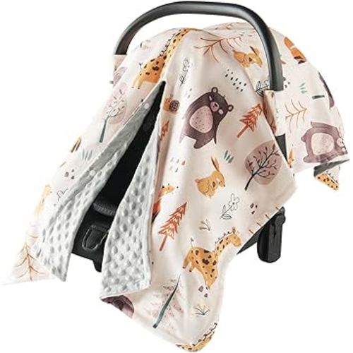 Baby Car Seat Cover Winter Minky - Infant Car Seat Canopy with Snap Peekaboo Opening, Multi-Use as Stroller Cover, Nursing and Baby Blanket for Boys Girls (Animal Party)