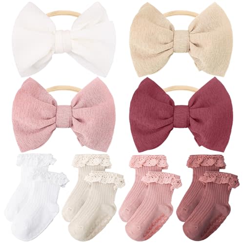JATEBI Baby Girls Bow Headband Anti Slip Socks Set | Super Elastic Soft Cute Bow Design Suitable For Newborn Infant Toddlers Daily Matching Outfit Ideal Gifts for Mom