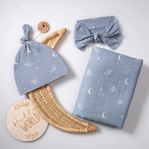 100% Organic Muslin Swaddle Set w Matching Hat/Bow| Moon Leaves in Haze Blue| Hospital Home-Coming Baby Announcement Blanket Gender Neutral for Boy n Girl