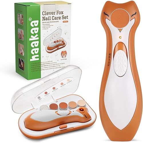 haakaa Baby Nail Trimmer Electric for Newborns/Toddlers/Children/Adults, Electric Baby Nail File with 6 Replacement Heads & Storage Case, Safe & Easy Clever Fox Nail Trimmer for Babies