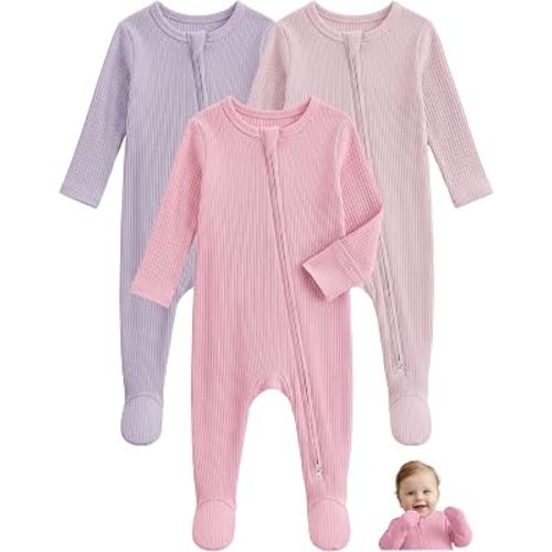 Unnivoll Viscose Bamboo Baby Pajamas Baby Sleepers Baby Boys Girls Clothes | Footie Pajamas for Newborn 0-3 3-6 6-9 Months, 3Pcs Soft Infant Footed PJs with Mitten Cuffs, Two Way Zipper, Long Sleeve