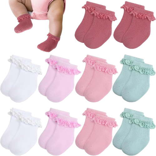 TELOLY 10 Pairs Preemie Socks Ruffle Lace Ruffle Cotton Socks for Preemie Girls Boys Newborn Baby Girl Socks 0-3 Months,Premie Socks